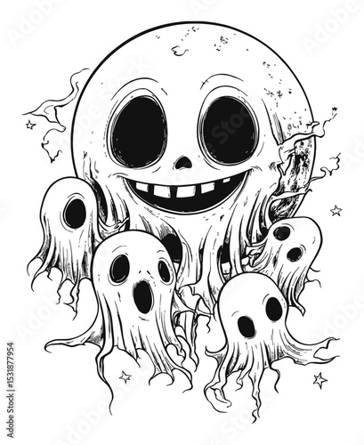 Playful Cartoon Ghosts with Moon in Spooky Vector Art Illustration