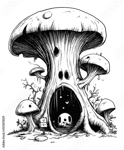 Spooky Mushroom House Illustration with a Skull in Black and White