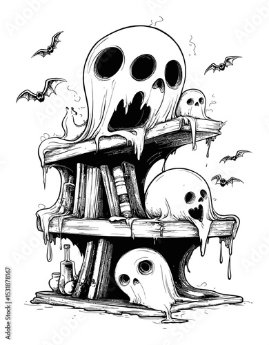 Creepy Ghosts on a Haunted Bookshelf with Dripping Slime and Bats