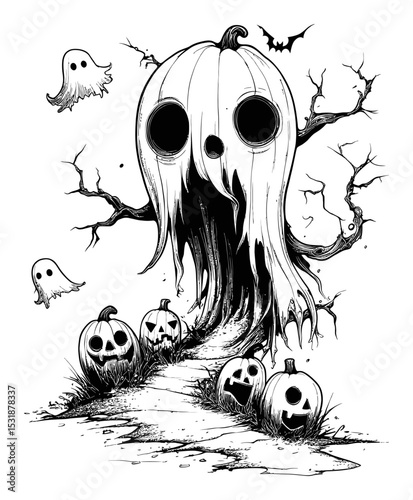 Spooky Ghostly Pumpkin Scene with Haunted Tree and Ghosts