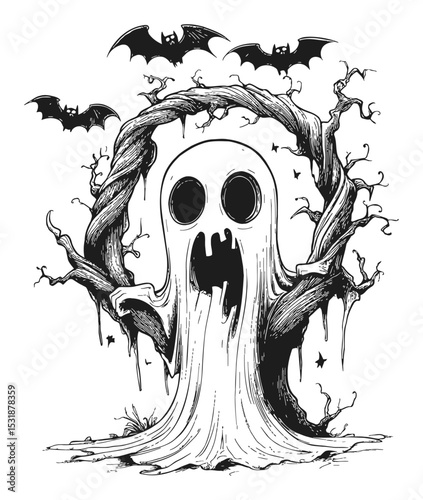 Spooky Ghost Emerging from Twisted Tree with Flying Bats and Fog