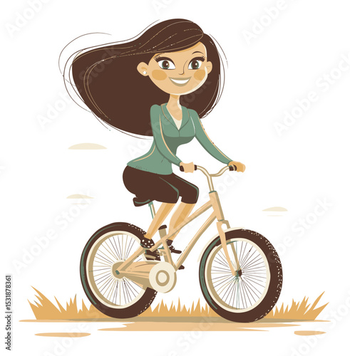 Cheerful Cartoon Girl Riding Bicycle in a Fun Outdoor Setting