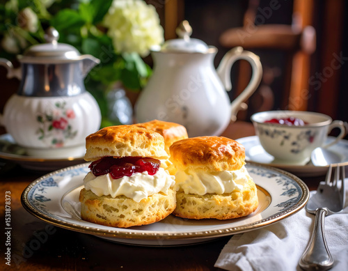 Elegant afternoon tea with scones, cream, and jam, set in a classic dining atmosphere.