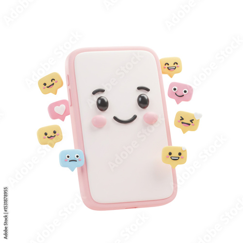 3d Cute Cartoon Smartphone With Messages Floating