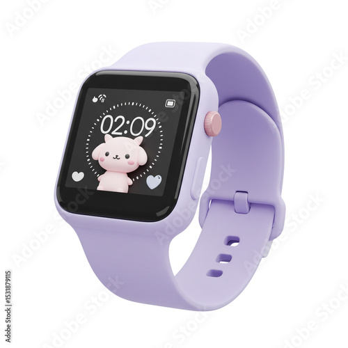 Kawaii-style 3D smartwatch with pastel band and animated face on display