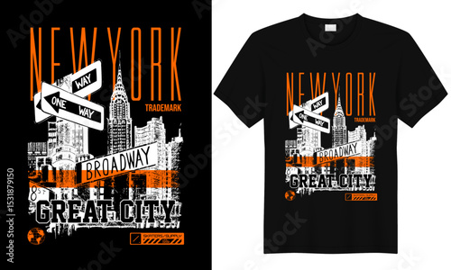 NYC Skyline Tee Design: A striking graphic t-shirt design featuring an urban landscape illustration. The design showcases iconic elements like skyscrapers, street signs and the city's signature style
