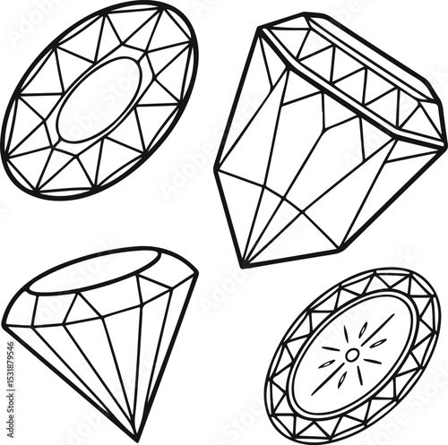 Hand-Drawn Diamond and Gemstone Vector Set – Black and White Illustration