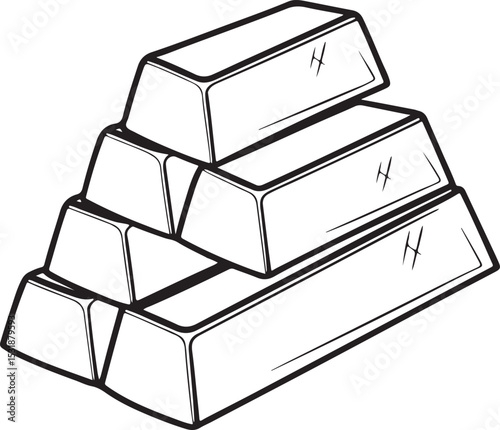 Vector Illustration of Stacked Gold Bars – Black and White Outline Style