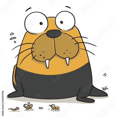 Cute Cartoon Walrus Character with Little Insects in Flat Vector Style