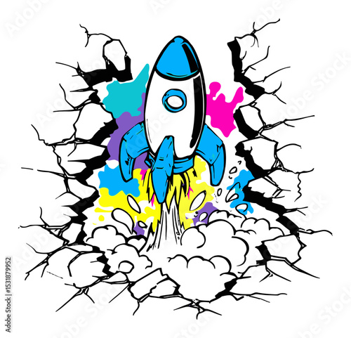 Vibrant Rocket Launching from Broken Wall with Colorful Background