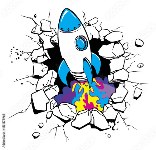 Rocket Launching from Cracked Wall Graphic with Colorful Explosion Effect