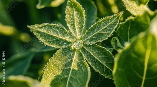 Top-down view of a water droplet on a green plant leaf under bright sunlight nature and hydration connection.