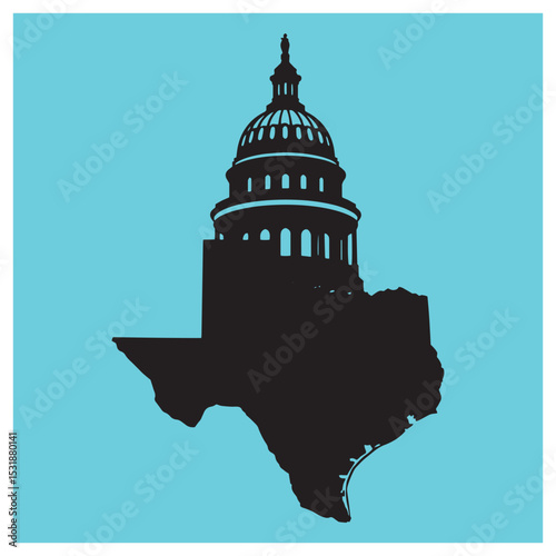 Texas state capitol building silhouette vector illustration set against a blue background