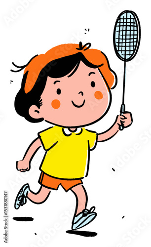 Happy Child Running with Badminton Racket in Bright Summer Outfit
