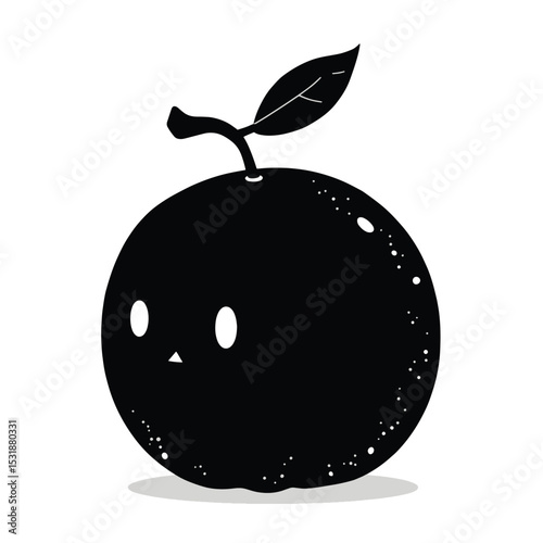 Minimalist Cartoon Orange Black Silhouette Vector with Big Eyes and Leaf on White Background