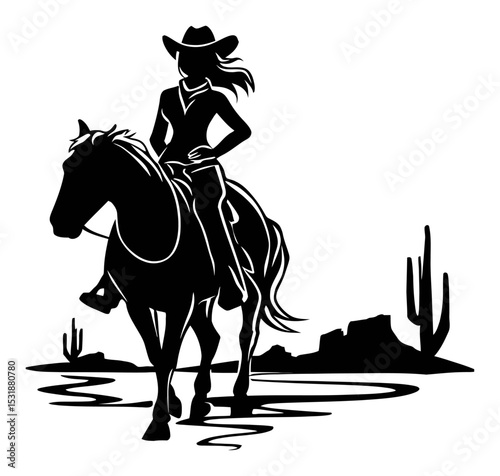Silhouette of a Cowgirl Riding a Horse in the Desert Landscape