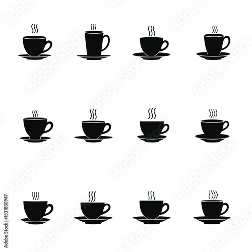 Twelve silhouette coffee cups set hot drink icons