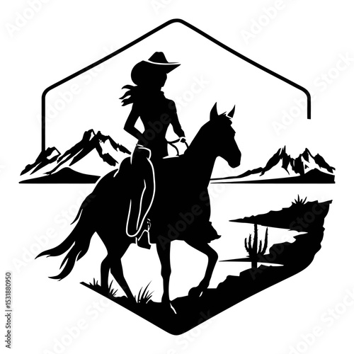 Silhouette of a Cowgirl Riding Horse with Mountains and Desert Landscape