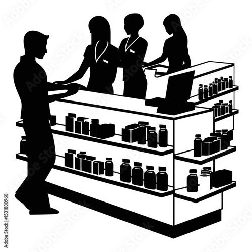 Silhouette of Pharmacist and Customers in Drugstore Setting