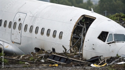 Wallpaper Mural Close Up of Damaged White Aircraft Wreckage Lying on Dirt Ground With Debris Suitable for Disaster Documentation and Research Torontodigital.ca