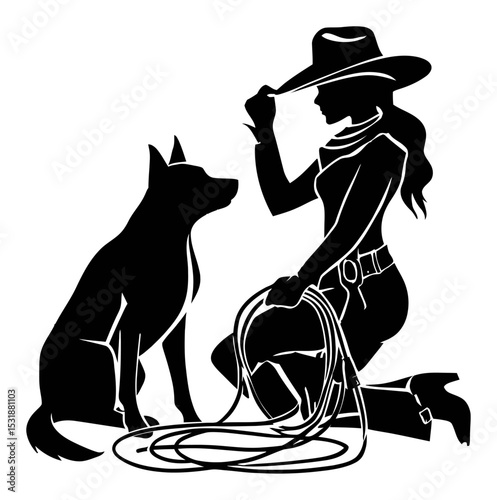 Silhouette of Cowgirl and Dog with Lasso in Western Theme Design