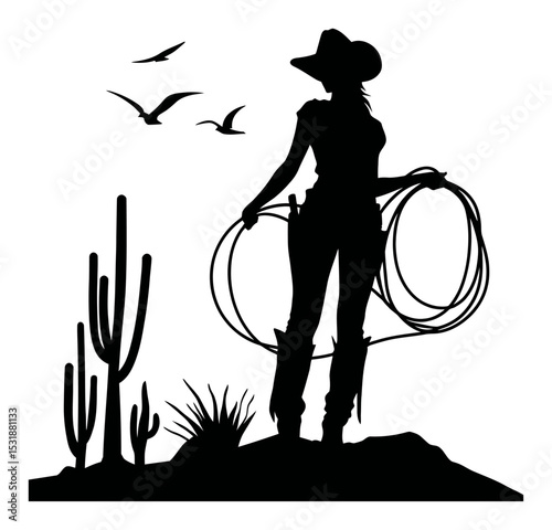 Female Cowboy Silhouette with Lasso and Cacti Under a Sky with Birds