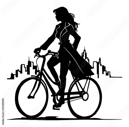 Elegant Woman Biking Silhouette Against Urban Skyline in Vector Style