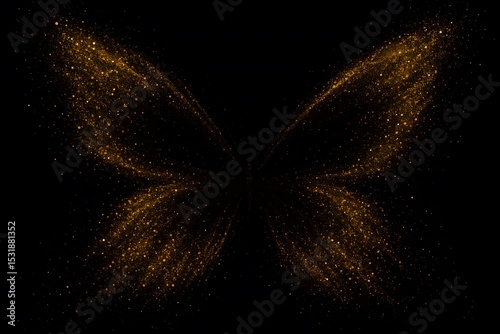 Golden glitter butterfly wings abstract on black background for elegant design projects