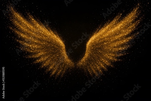 Sparkling golden angel wings abstract design against a dark black background for decoration