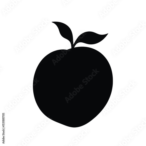 Minimalist Cartoon Peach Black Silhouette Vector with Big Eyes and Leaf on White Background