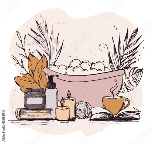Cozy Spa Setting with Bath, Candles, Leaves, and Aromatic Elements