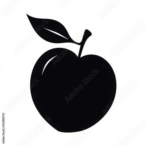 Minimalist Cartoon Peach Black Silhouette Vector with Big Eyes and Leaf on White Background