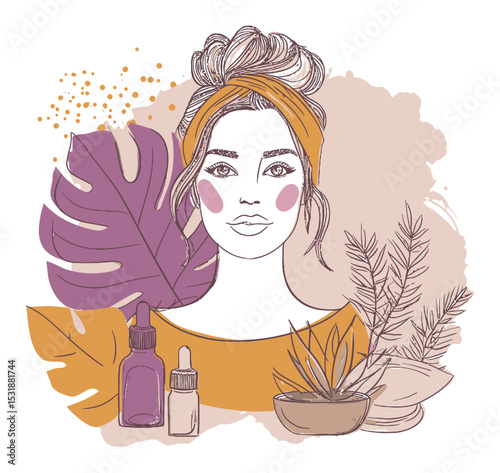 Elegant Woman with Natural Beauty Products and Stylish Plant Illustrations