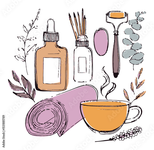 Illustrated Wellness Elements for Beauty and Relaxation in Vector Art