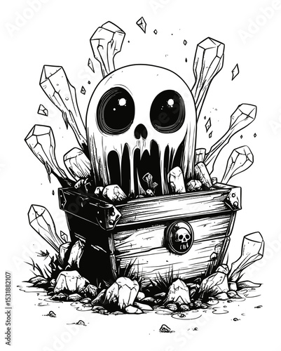 Creepy Skull and Treasure Chest Illustration with Crystal Elements