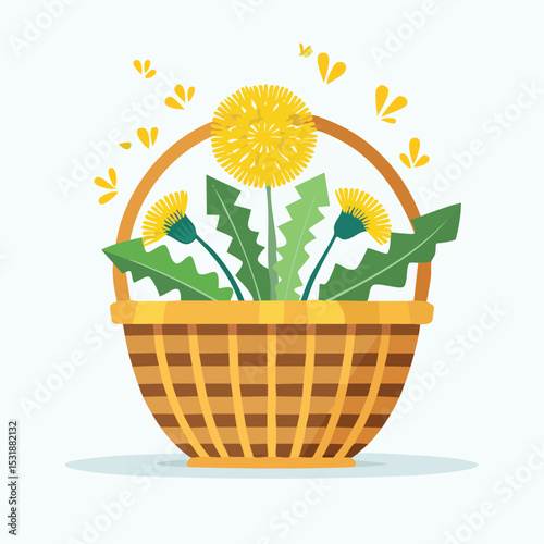 Dandelion Greens in a basket Flat Vector Art with Clean Design and Minimal Detailing