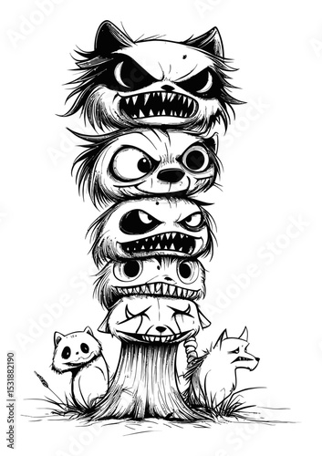 Unique Stack of Cartoonish Animal Faces in Monochrome Vector Design