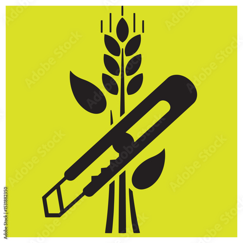 Wheat harvest concept with a sharp cutter tool against a bright yellow background