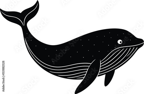 Stylized black whale illustration with stars on a white background image