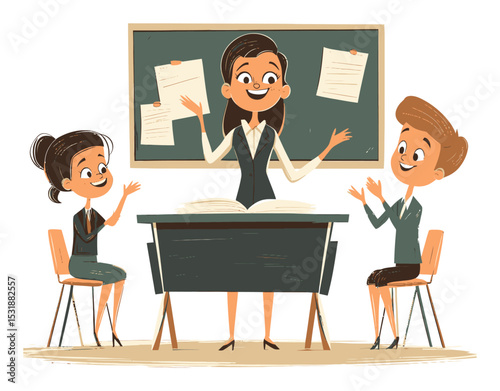 Engaging Cartoon Classroom Scene with Teacher and Students in Vector Art