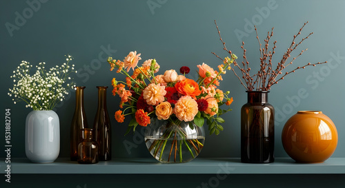 Colorful flower arrangement in vases on a shelf