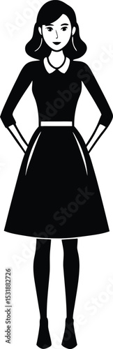 Black and white illustration of a woman in a classic dress