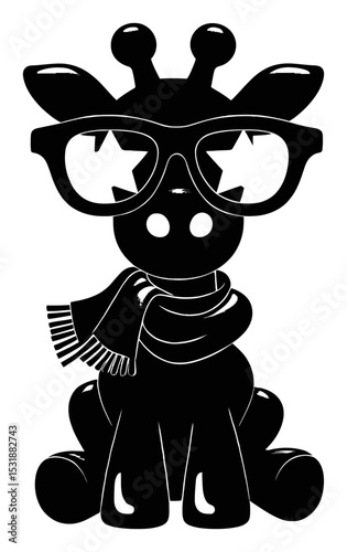 Cartoon Silhouette of a Giraffe Wearing Glasses and a Scarf Illustration