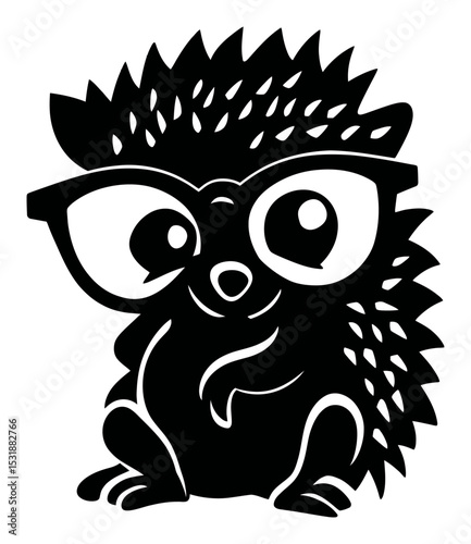 Cute Cartoon Silhouette of a Hedgehog Wearing Glasses in Black and White