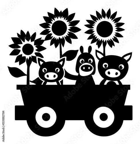 Cartoon Silhouette of Animals with Sunflowers in Wagon Illustration