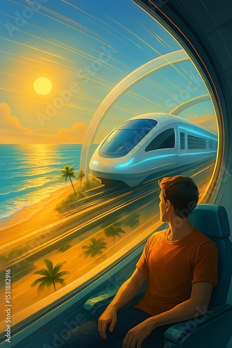 Futuristic high speed train journeying along coastal landscape at sunset with passenger