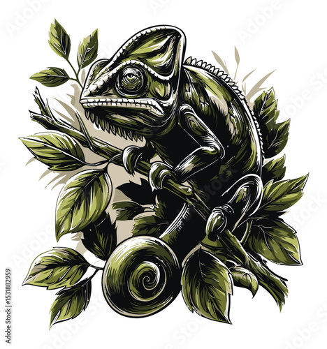 Detailed Vector Cartoon Illustration of a Chameleon on a Branch