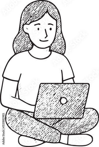 A young woman sitting cross-legged, working on a laptop, embodying the digital nomad lifestyle with a focused expression, surrounded by travel gear