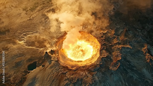 Aerial view of a volcanic crater erupting with intense heat.