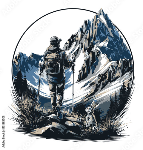Adventurer with Backpack Standing in Mountains with Rabbit Illustration